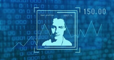 Poster - Binary code and facial recognition animation over digital profile with data points