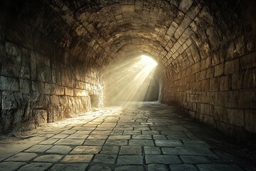 Poster - Sunlight streaming through an ancient stone tunnel with textured walls during the late afternoon in a historical location. Generative AI