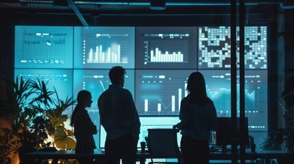 Poster - startup founders analyzing market trends and competitor analysis on a large screen.