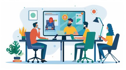 Poster - Startup founders in a video call with a mentor, seeking advice on business growth