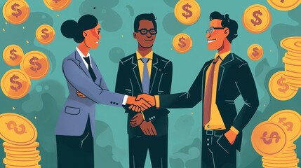 Poster - Startup founders shaking hands with a venture capitalist after securing funding.