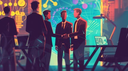 Poster - Startup founders shaking hands with a venture capitalist after securing funding.