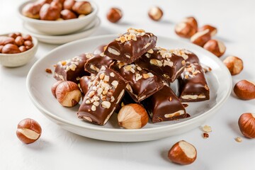 Wall Mural - Nougat nut chocolate in a plate on a white background with hazelnut nuts