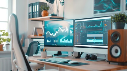 Poster - home office setup with multiple screens and office gadgets, home office gadgets, productivity