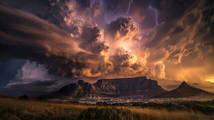 Sticker - Table Mountain during a storm, with dramatic cloud formations and lightning striking in the distance,