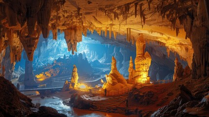 Poster - entrance opens into a massive underground chamber with towering stalactites and stalagmites,