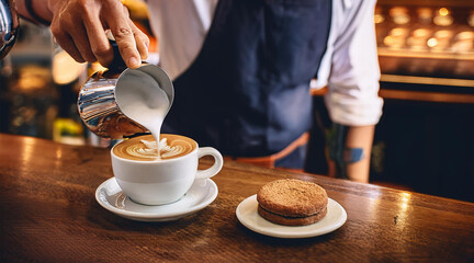 Barista Pouring Artisan Coffee with Latte Art