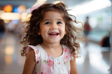 Wall Mural - A young girl with curly hair is smiling and wearing a pink dress