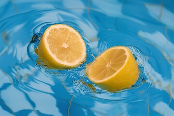 Two parts of bright yellow fresh citrus lemon fruit in blue pool with water wave motion