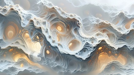 Poster - Abstract fractal design with soft curves and glowing orbs in shades of gray and orange