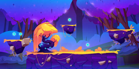 Poster - Game level landscape with ground platform and floating islands, magic fantasy glowing trees and grass, blue neon spheres to collect. Cartoon vector illustration of videogame fairy alien land.