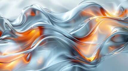 Poster - Abstract flowing metallic waves with orange highlights shimmering under soft light