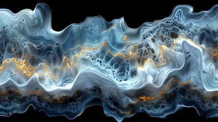 Abstract waves of blue and gold flowing against a black background at dusk