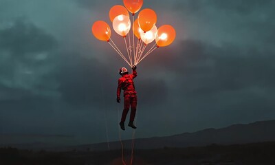 Wall Mural - astronaut holding red balloons in dark landscape