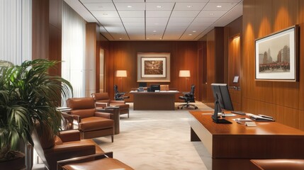 Poster - The interior of a financial firm's office with polished wood finishes, elegant furniture,