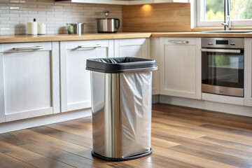 Clean Kitchen, Empty Trash: A gleaming stainless steel trash can with a fresh liner stands ready in a modern kitchen, emphasizing cleanliness and order. 