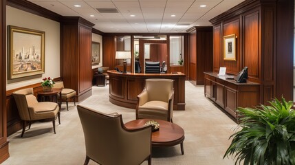Poster - The interior of a financial firm's office with polished wood finishes, elegant furniture,