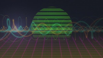 Poster - Colorful waveforms and grid animation over green striped sphere on dark background