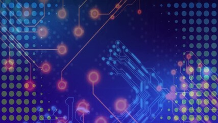 Animating circuit board and glowing nodes over blue background