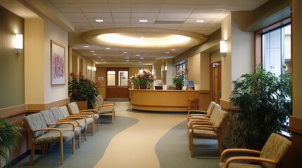 Wall Mural - The inviting waiting area of a hospital with comfortable seating, calming decor, and a warm, welcoming atmosphere for patients