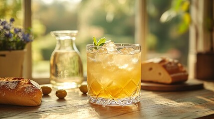 Wall Mural - Glass of Refreshing Iced Lemonade on Rustic Table