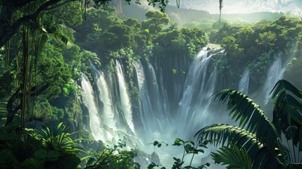 Wall Mural - The lush vegetation surrounding Victoria Falls, with dense forest and tropical plants framing the powerful waterfall.