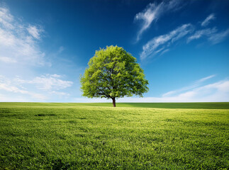 Poster - Landscape with an isolated tree on a field with green grass, perfect as wallpaper