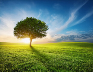 Wall Mural - Landscape with an isolated tree on a field with green grass at sunrise