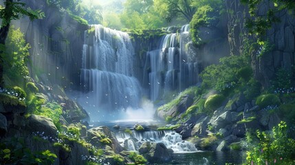 Wall Mural - The majestic waterfall cascades down a rugged cliff, with the water shimmering in the sunlight