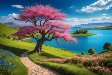 Fantasy landscape with a vibrant spring tree in full bloom, pink blossoms glowing against a deep blue sky, surrounded by green hills