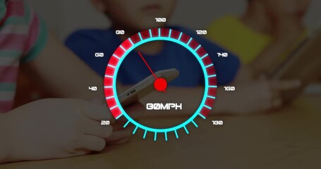 Poster - Animating speedometer showing 110 MPH over children using smartphones in school