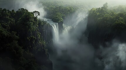 Canvas Print - The mist rising from Victoria Falls creating a natural fog over the surrounding rainforest,