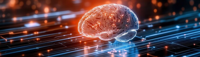 Human brain connected to a glowing processor, illustrating the merging of big data, AI, and human intelligence, representing the evolution of technology