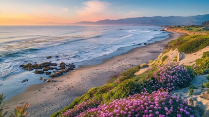 Poster - The picturesque coastline includes serene sandy shores with gently breaking waves and vibrant coastal vegetation providing a peaceful retreat