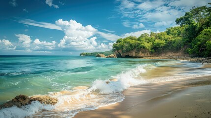 Poster - The picturesque coastline includes serene sandy shores with gently breaking waves and vibrant coastal vegetation providing a peaceful retreat