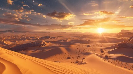 Poster - The picturesque desert scene includes a vast expanse of rolling sand dunes and scattered rocks, with the sky