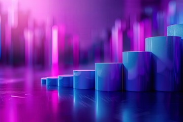Poster - Colorful 3D bar graph representation in vibrant purple and blue tones with a blurred background effect during evening light. Generative AI