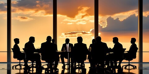 Wall Mural - Silhouettes of a business team in a meeting, discussing strategies and collaborating on projects. Ideal for illustrating teamwork, corporate culture, and professional environments (2)