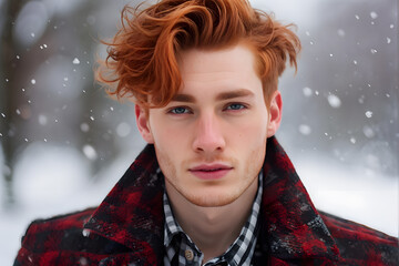 Canvas Print - A man with red hair and a plaid shirt is standing in the snow