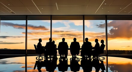 Wall Mural - Silhouettes of a business team in a meeting, discussing strategies and collaborating on projects. Ideal for illustrating teamwork, corporate culture, and professional environments (2)