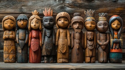 Row of traditional balinese wooden statues carved for selling to tourists