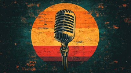 T-shirt design, cartoon style of a microphone in a sunset retro circle background