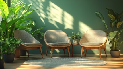 A chic, light-filled waiting area in a green office. For a business meeting, appointment, or job interview, wooden chairs are set up. Office with lots of greenery for a cozy and peaceful feel.