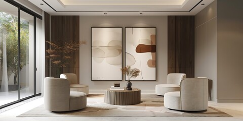 Modern Living Room Interior Design with Beige Armchairs and Abstract Art