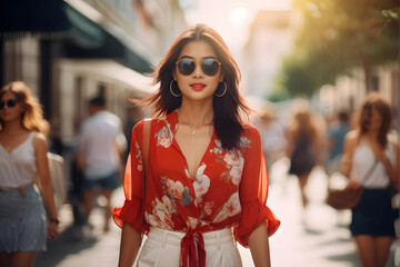 Canvas Print - A woman in a red floral dress is walking down a street with other people