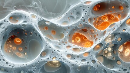 Poster - Abstract cellular structure with organic shapes and glowing elements in soft gray hues