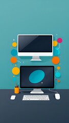 Wall Mural - Two computer monitors, one on top of the other, on a desk with a keyboard and mouse. The background is a teal wall with colorful circles.