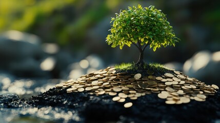 tree growing on pile of coins ,saving and economic growth., financial investment concept.