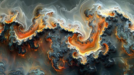 Poster - abstract artwork with swirling patterns of orange and gray reminiscent of flames and smoke at twilig