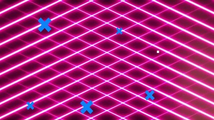 Poster - Neon grid with blue crosses and white square animation on pink background